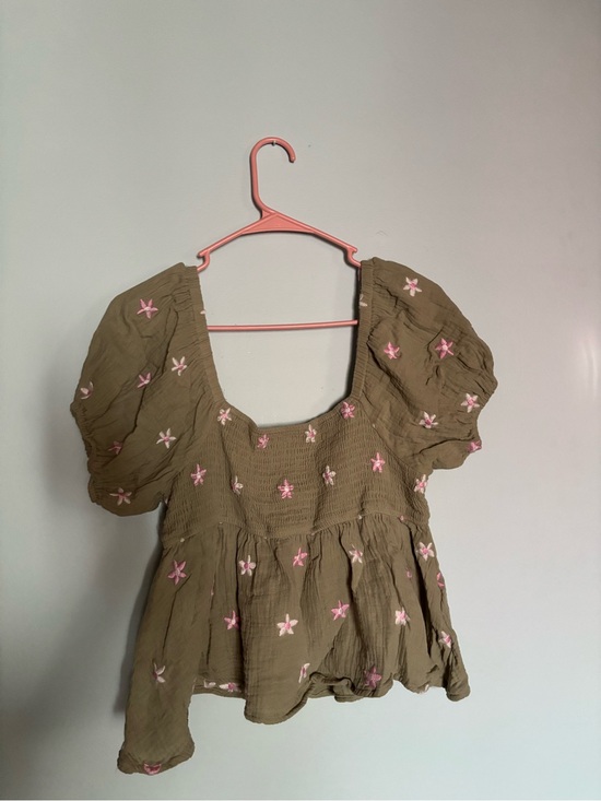 Altar'd State Tops - Altar'd State Olive Peplum Top with Pink Floral Embroidery